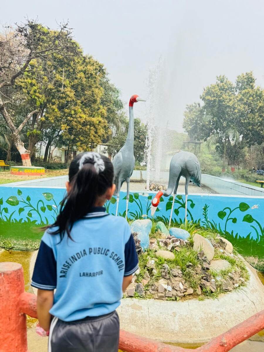 A student in school uniform looking at crane statues and a fountain during an educational excursion